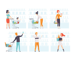 Man and Woman Character at Grocery Store with Shopping Cart and Basket Near Shelf Vector Set