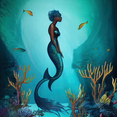 Beautiful black mermaid in the water. Randomly generated not based on a real person. Raster Illustration	
