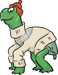 niedliche grüne schildkröte mit winterlichem pullover und mütze aus wolle