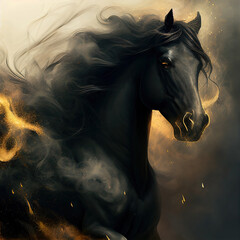 Running black horse shrouded in smoke. Abstract generative art