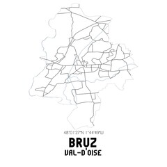 BRUZ Val-d'Oise. Minimalistic street map with black and white lines.