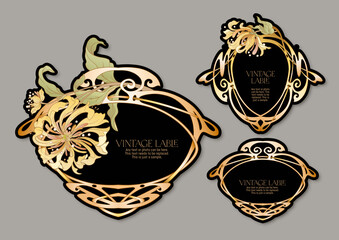 Decorative flowers and leaves in art nouveau style, vintage, old, retro style. Border, frame, template for product label, cosmetic packaging. Easy to edit. Vector illustration.