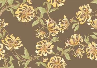 Decorative flowers and leaves in art nouveau style, vintage, old, retro style. Seamless pattern, background. Vector illustration.