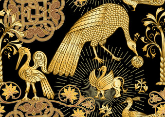 Byzantine traditional historical motifs of animals, birds, flowers and plants. Seamless pattern in gold and black colors. Vector illustration.
