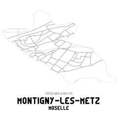 MONTIGNY-LES-METZ Moselle. Minimalistic street map with black and white lines.