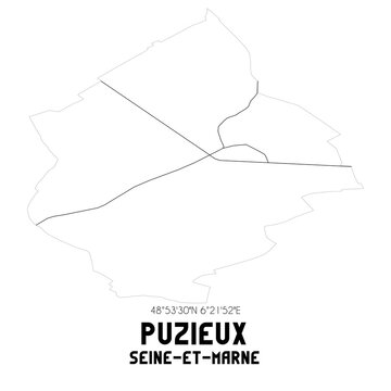 PUZIEUX Seine-et-Marne. Minimalistic street map with black and white lines.