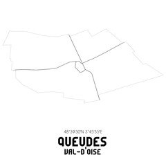 QUEUDES Val-d'Oise. Minimalistic street map with black and white lines.