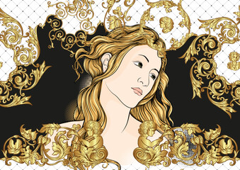 Portrait of a woman inspired by a painting by Renaissance artist Botticelli. Seamless pattern, background In baroque, rococo, victorian, renaissance style. Vector illustration