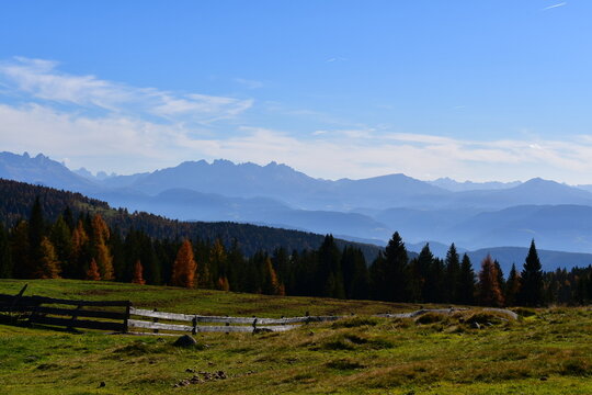 Sch&ouml;ne Landschaft auf dem Salten in S&uuml;dtirol mit Blick zu den Dolomiten 