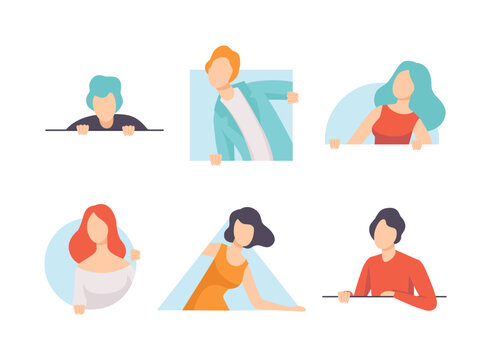 People Character Looking Out of Different Shaped Windows Vector Set