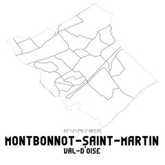 MONTBONNOT-SAINT-MARTIN Val-d'Oise. Minimalistic street map with black and white lines.