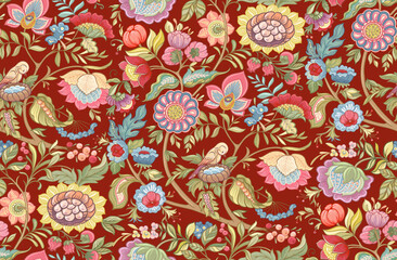 Fantasy flowers in retro, vintage, jacobean embroidery style. Seamless pattern, background. Vector illustration. Multicolor on red background.