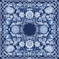 Fantasy flowers in retro, vintage, jacobean embroidery style. Seamless pattern, background. Vector illustration. In blue colors,