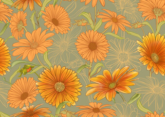 Calendula medicinal herbs and flowers seamless pattern, background. Vector illustration.