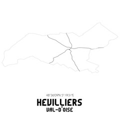 HEVILLIERS Val-d'Oise. Minimalistic street map with black and white lines.