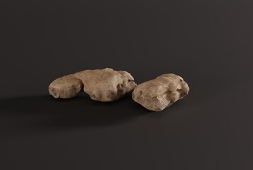 Ginger on a dark background. Concept of eating and buying ginger. Growing young ginger. 3D render, 3D illustration.
