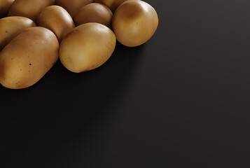 Potatoes on a dark background. Concept of eating and buying potatoes. Growing new potatoes. 3D render, 3D illustration.