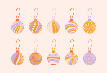 Vector set of Retro Groovy and Hippie isolated Christmas ornaments. Checkerboard, chessboard, mesh, waves patterns. Twisted and distorted texture in trendy retro psychedelic style. Y2k aesthetic.