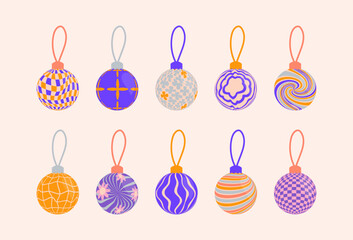 Vector set of Retro Groovy and Hippie isolated Christmas ornaments. Checkerboard, chessboard, mesh, waves patterns. Twisted and distorted texture in trendy retro psychedelic style. Y2k aesthetic.