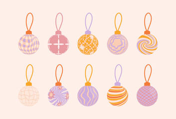 Vector set of Retro Groovy and Hippie isolated Christmas ornaments. Checkerboard, chessboard, mesh, waves patterns. Twisted and distorted texture in trendy retro psychedelic style. Y2k aesthetic.