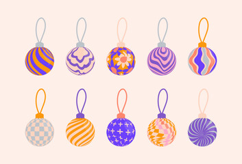 Vector set of Retro Groovy and Hippie isolated Christmas ornaments. Checkerboard, chessboard, mesh, waves patterns. Twisted and distorted texture in trendy retro psychedelic style. Y2k aesthetic.