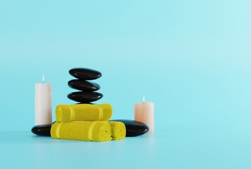 Black massage stones, towel and candles. The concept of massaging, relaxing. SPA and beauty care. 3D render, 3D illustration.