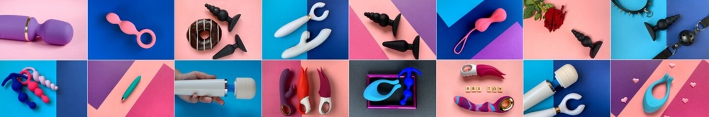Collage of photos sex toy. Big and mini vibrators, butt plugs, jiggle balls. Assortment sex shop