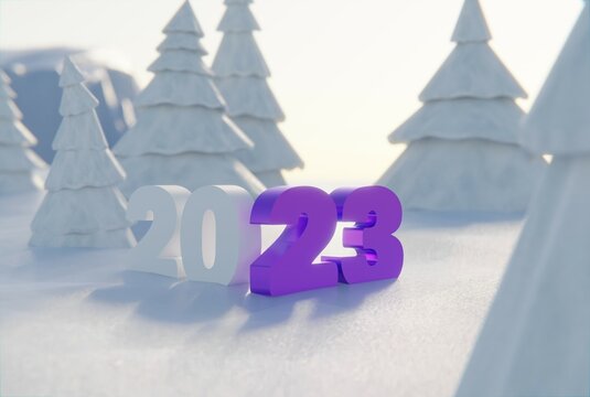 The inscription 2023 against the background of winter and Christmas trees with snow. The concept of the new year, welcoming the new year 2023, New Year's Eve. 3D render, 3D illustration.
