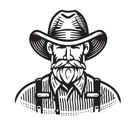 Farmer in hat logo sketch hand drawn in doodle style Vector illustration.