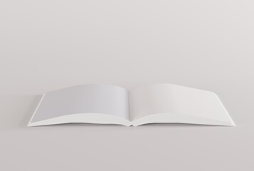 Open magazine with blank pages. The concept of content replenishment, reading books, magazines. 3D render, 3D illustration.