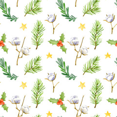 Watercolor seamless Christmas pattern. Hand-drawn illustration isolated on the white background