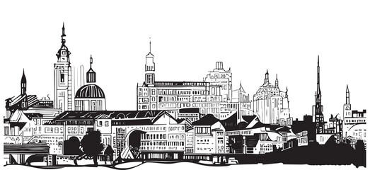 City building silhouette sketch hand drawn in doodle style Vector illustration.