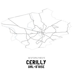CERILLY Val-d'Oise. Minimalistic street map with black and white lines.