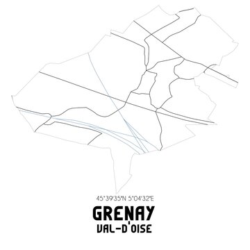 GRENAY Val-d'Oise. Minimalistic street map with black and white lines.