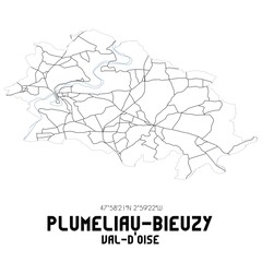 PLUMELIAU-BIEUZY Val-d'Oise. Minimalistic street map with black and white lines.