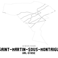 SAINT-MARTIN-SOUS-MONTAIGU Val-d'Oise. Minimalistic street map with black and white lines.