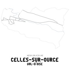 CELLES-SUR-OURCE Val-d'Oise. Minimalistic street map with black and white lines.