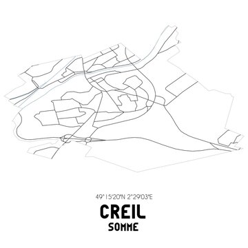 CREIL Somme. Minimalistic street map with black and white lines.