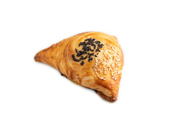 Homemade asian pastry samosa isolated on white. side view.