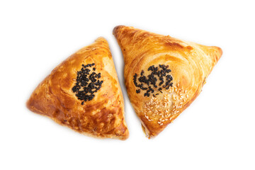 Homemade asian pastry samosa isolated on white. top view.