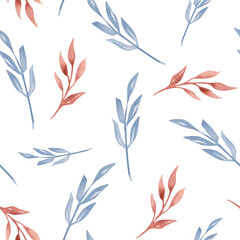 Natural vintage background, watercolor seamless pattern with blue and brown branch, twigs, floral design.