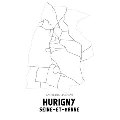 HURIGNY Seine-et-Marne. Minimalistic street map with black and white lines.