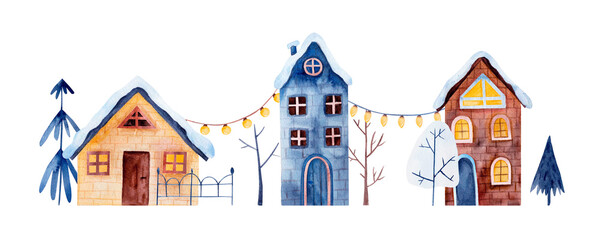 Christmas village, watercolor street with buildings, trees, garland. Scandinavian houses isolated on the white background.