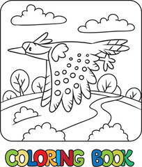 Funny woodpecker. Bird in fly coloring book