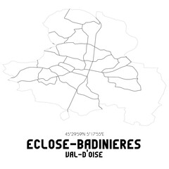 ECLOSE-BADINIERES Val-d'Oise. Minimalistic street map with black and white lines.