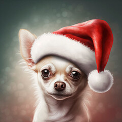 Illustration of a cute chihuahua wearing a Santa hat
