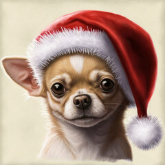 Illustration of a cute chihuahua wearing a Santa hat