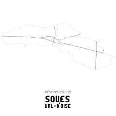 SOUES Val-d'Oise. Minimalistic street map with black and white lines.