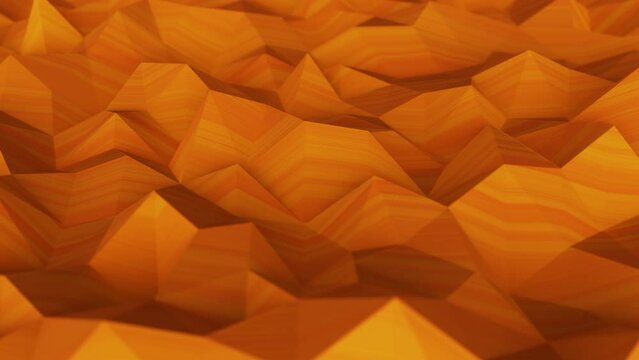 Realistic DOF camera abstract looping 3D animation of the orange and yellow lines gradient moving polygonal geometry surface rendered in UHD