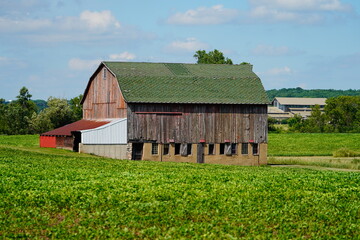 An old abandoned farm barn sits in the countryside